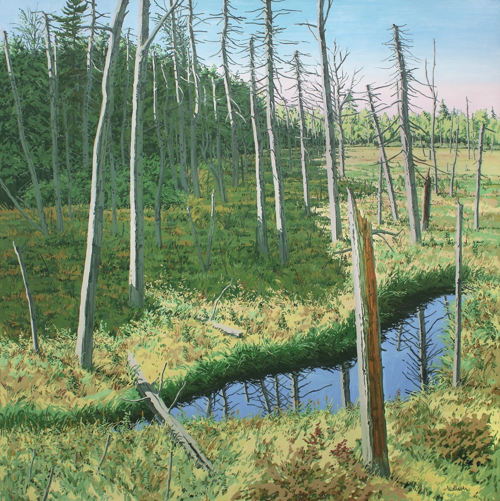 Landscape painting of a marsh in bright sunlight, scattered with dead-looking trees