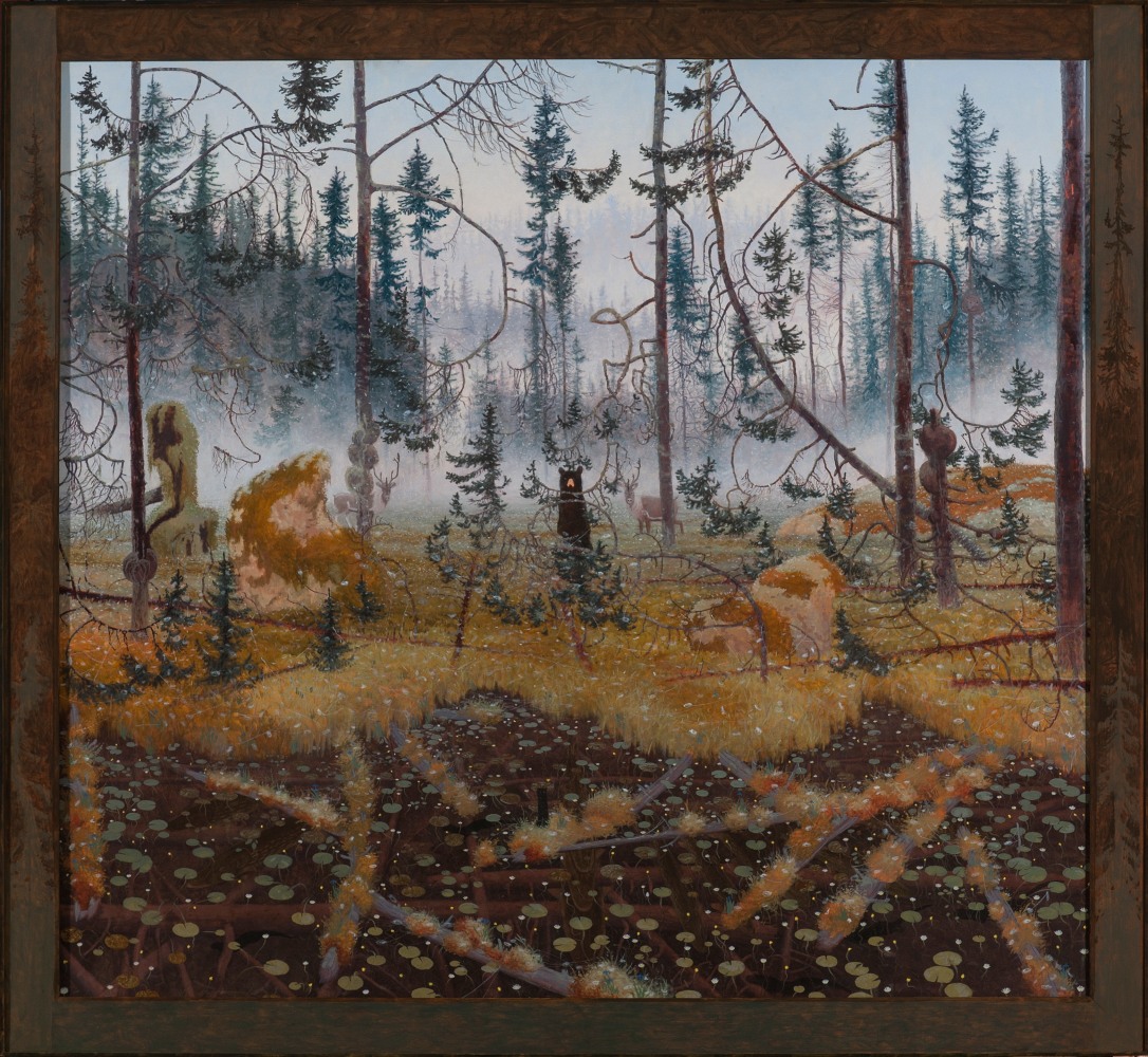 Painting of a surreal landscape with a bear and elk standing toward the center of the canvas, looking at the viewer, fog cloaking the trees in the background, and a light snow falling