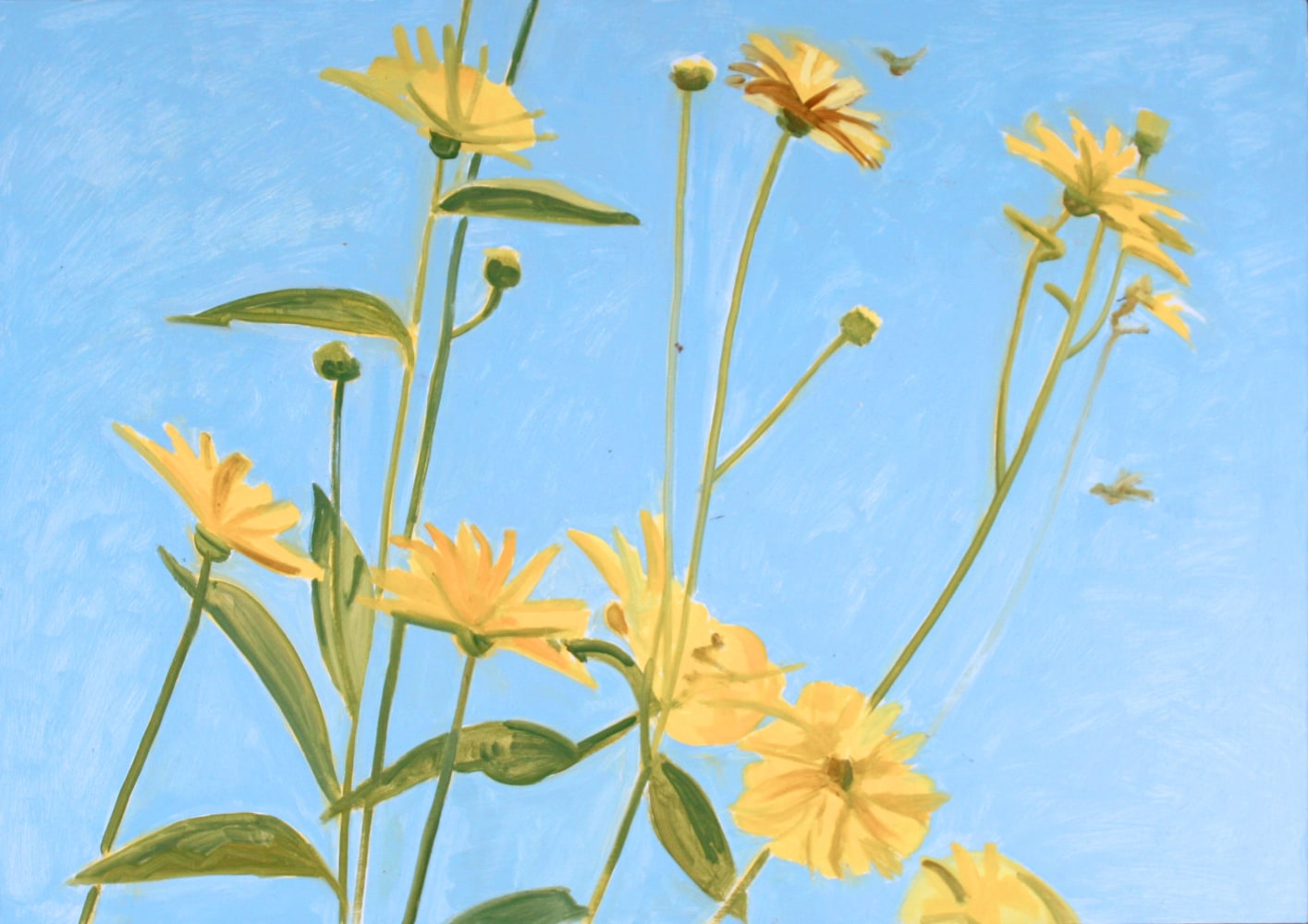 Painting of a group of yellow flowers with a blue sky in the background