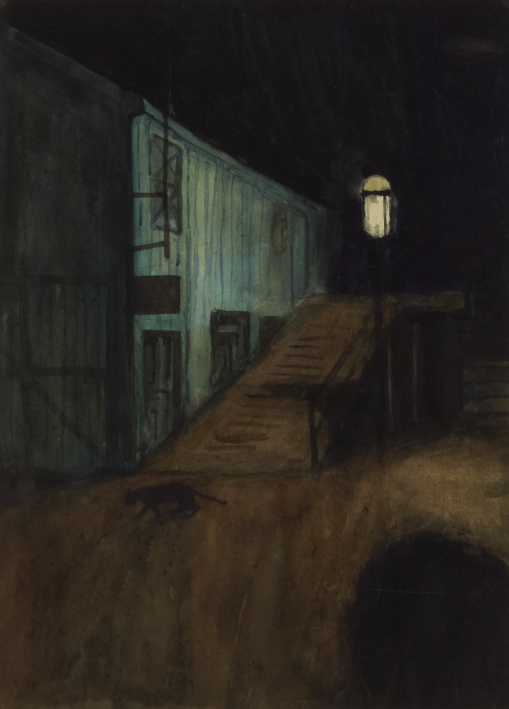 (The Alley at Night), c. 1911, graphite and watercolor on paper, 14 3/8 x 10 1/2 inches