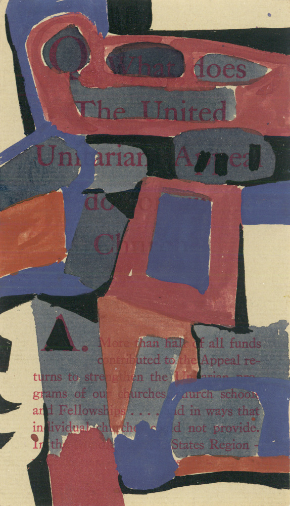 Abstract painting on paper consisting of geometric forms in blue, grey, pink, orange and black over an ivory ground