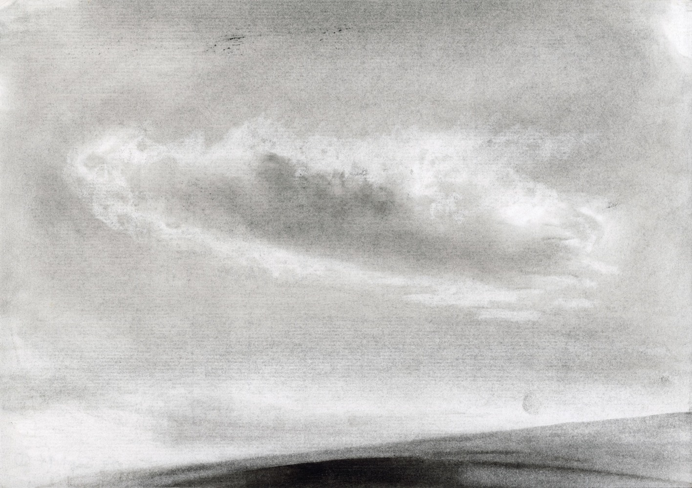 Charcoal landscape drawing of a single cloud hovering in the sky, with sunlight coming out from behind it, and land or water underneath