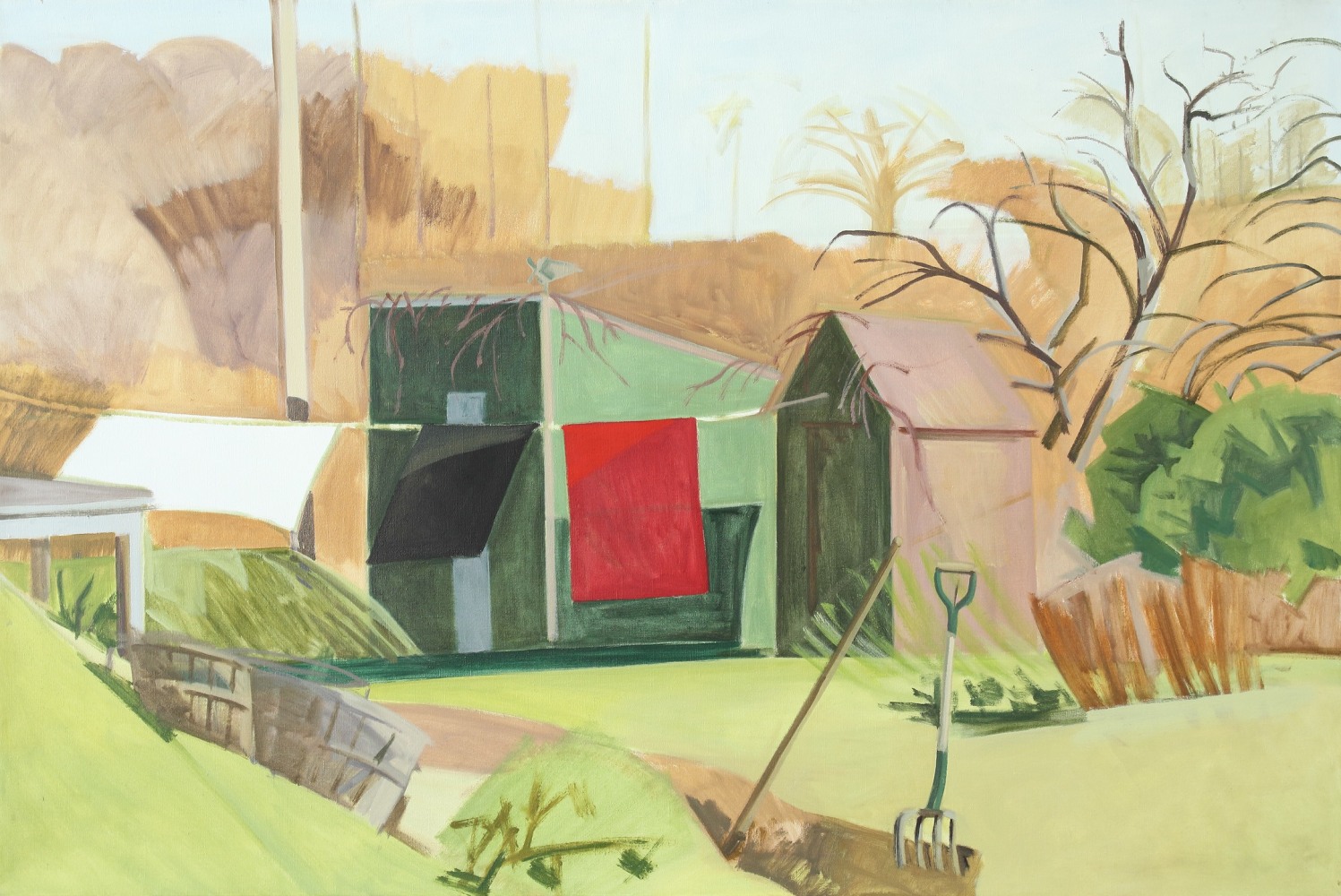 Painting with two small buildings, a laundry line with three sheets of fabric hanging from it, and farm equipment, with autumn-colored landscape in the background