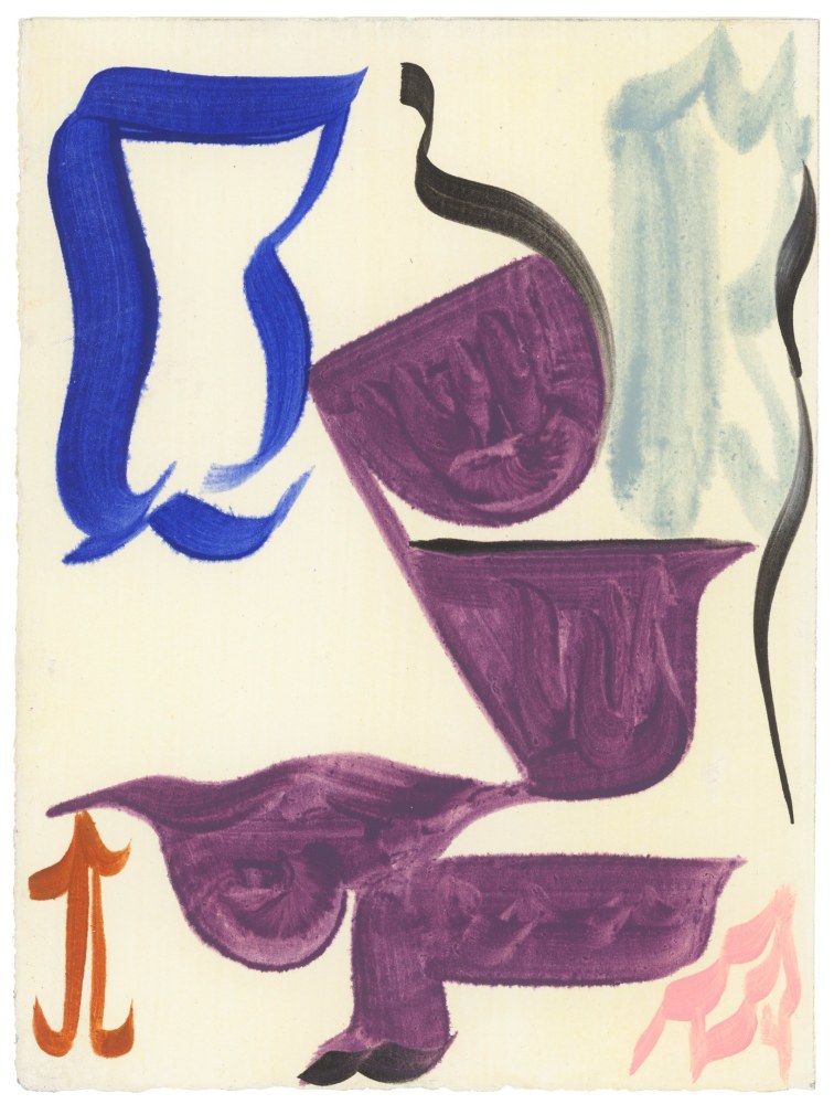Abstract painting with organic forms in purple, blue, pink and orange on a cream-colored ground