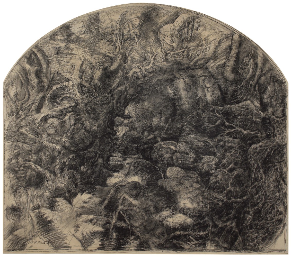 Expressionist charcoal drawing of an abstracted landscape with tree-forms