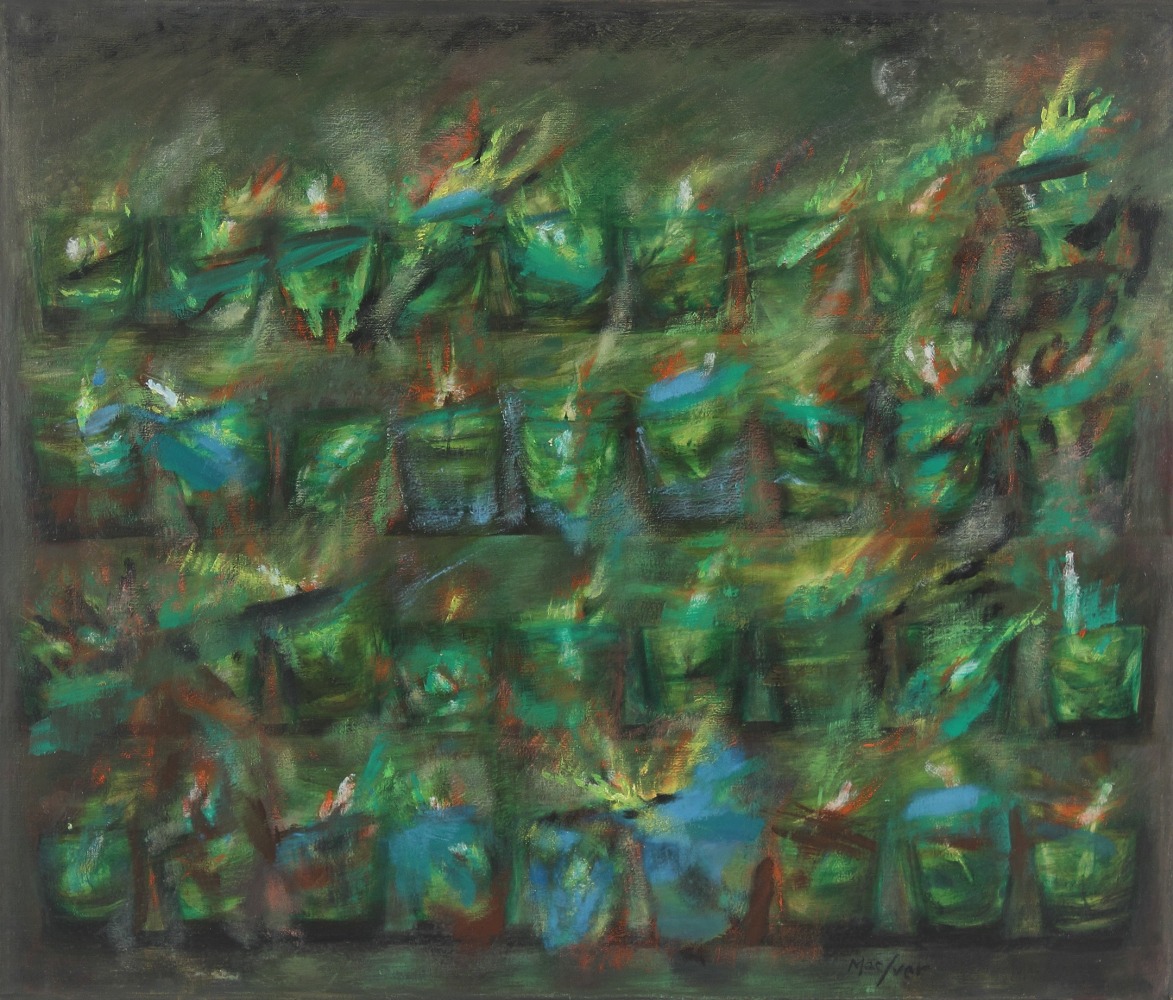 Atmospheric painting of four rows of glowing votive lights