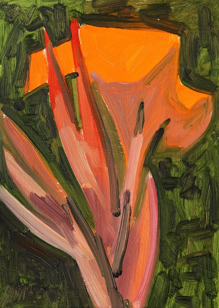 Lois Dodd, Orange Canna, 1999, oil on aluminum flashing, 7 x 5 inches