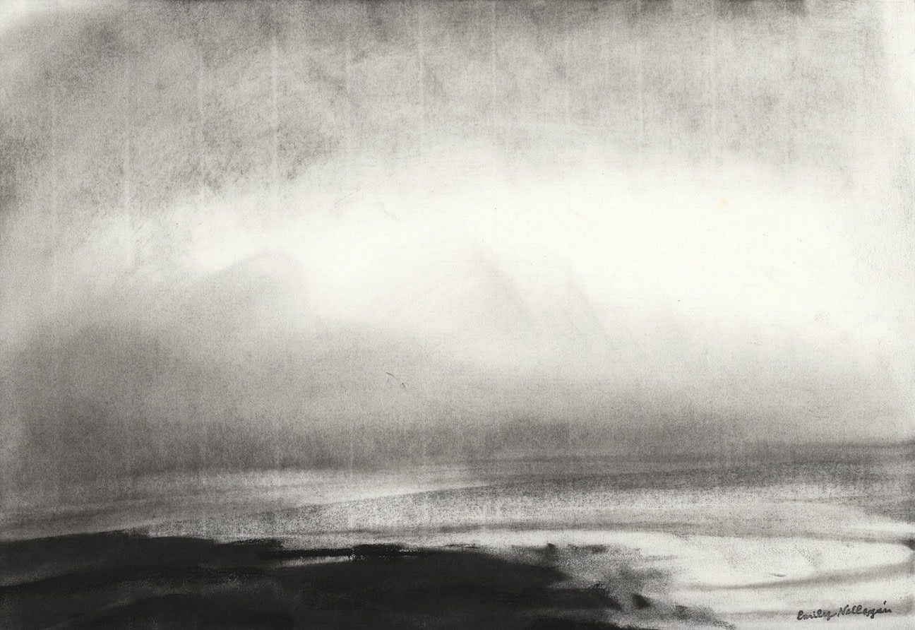 Landscape charcoal drawing of the sea, with sunlight coming through soft clouds and reflected on the water below