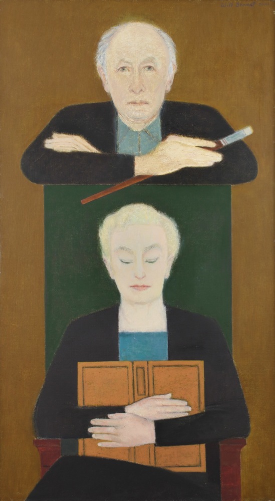 Painting of two figures, one seated and holding a book, and the other standing and holding a paintbrush