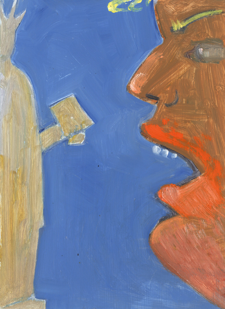 Painting the Statue of Liberty and Donald Trump in profile against a blue ground