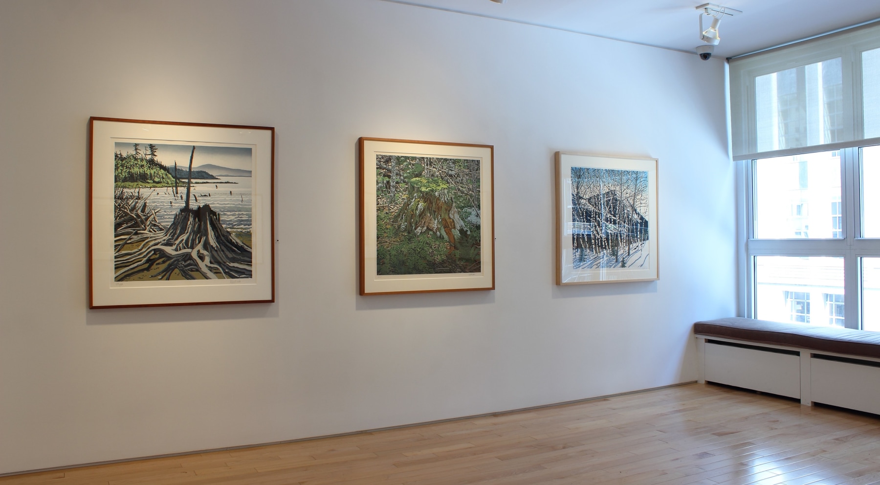 Photograph showing a view of an exhibition space, with three painting hanging on a white wall