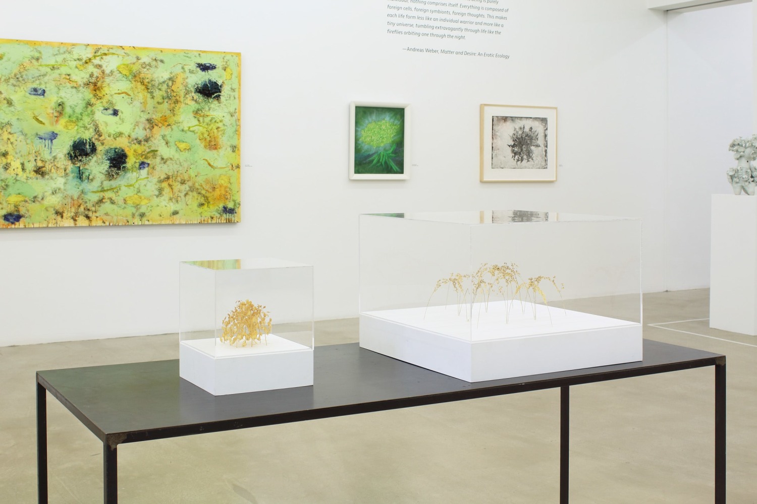 Photograph of a detail view of an exhibition showing two organic-looking sculptures on a table and three paintings hung on a white wall behind