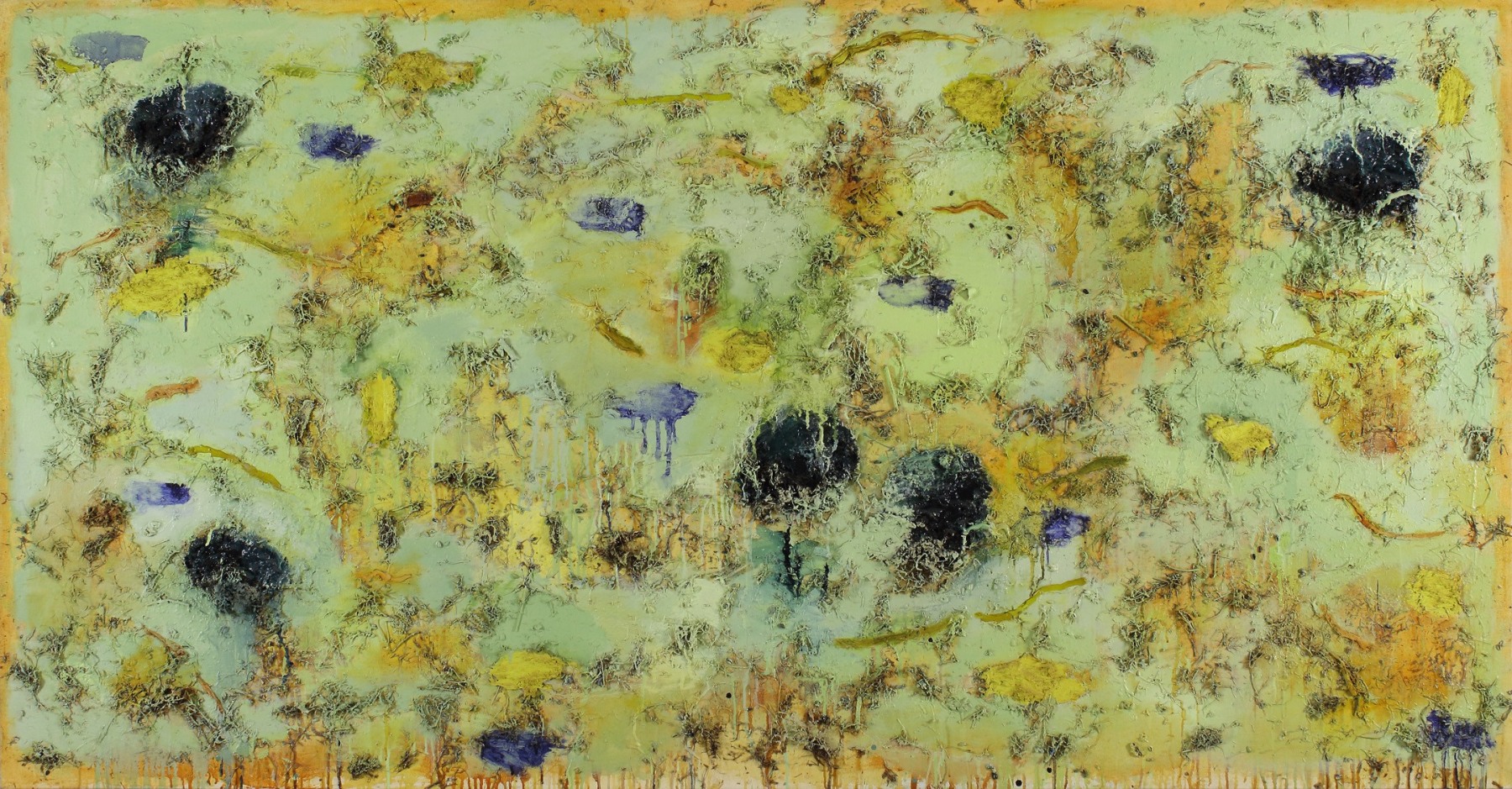 Abstract, roughly-textured painting in green and yellow, with spots of dark blue