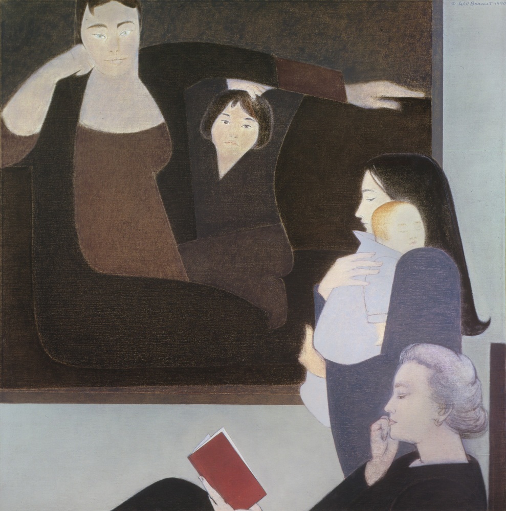 Painting of two figures, one seated and reading, one standing and holding an infant, and a painting of a mother and child in the background