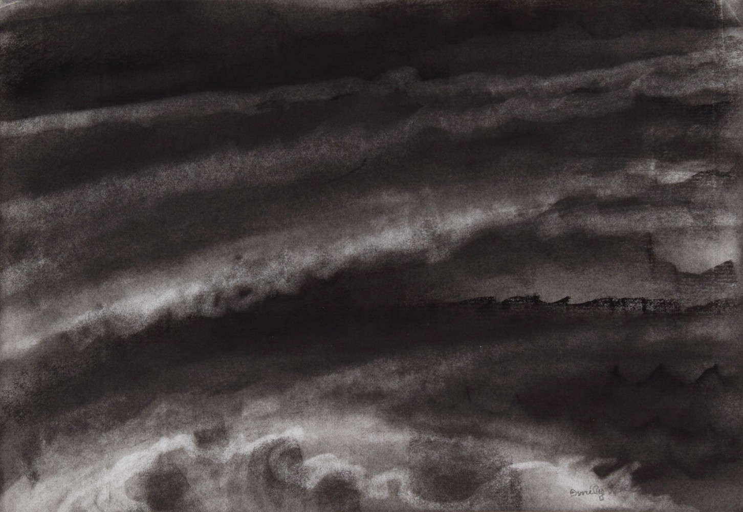 Charcoal drawing of sunlight coming through dark clouds