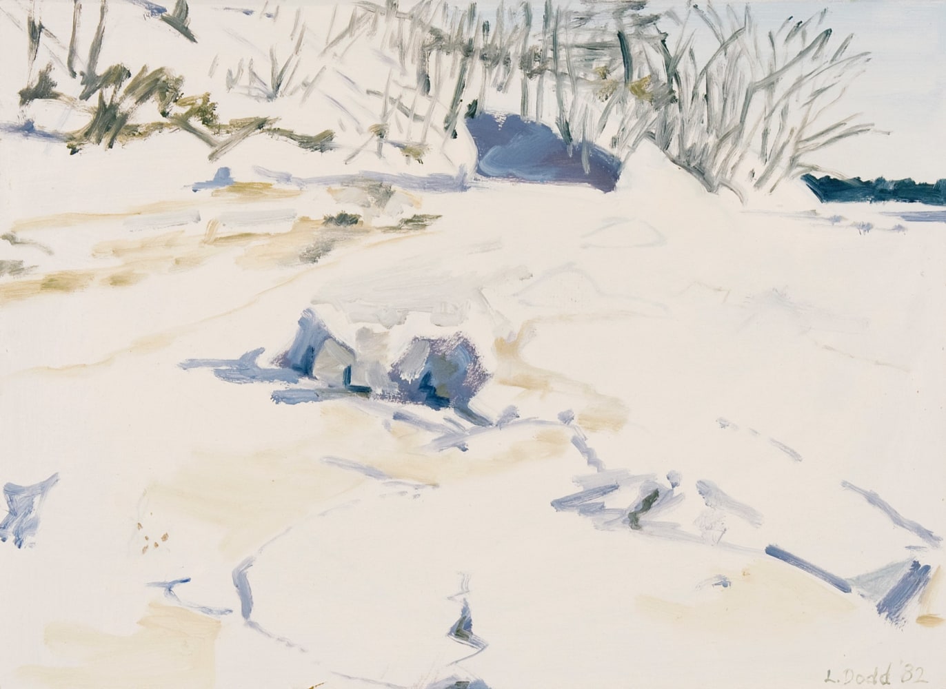 Painting of a snow-covered field with bare trees in the background