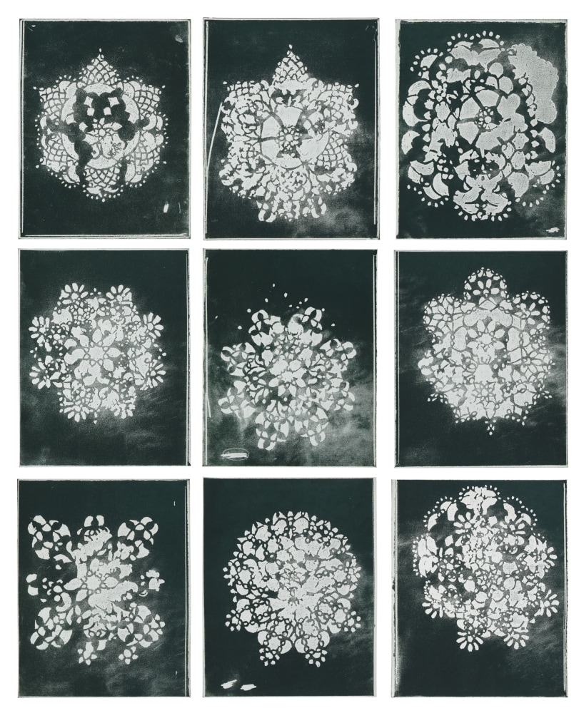 Grid of nine framed prints, each with a variation of a lacy, white geometric floral form centered on a smoky grey and black ground