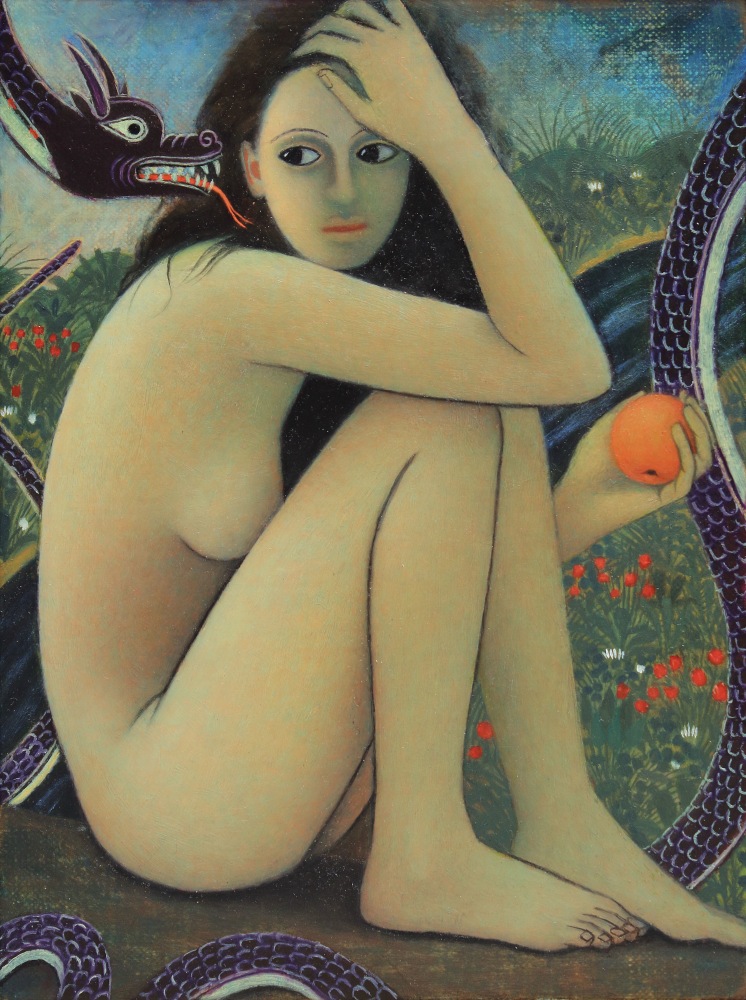 Painting of a nude figure sitting on the ground, holding a peach and looking over their shoulder at a snake-like creature with a dragon's head, and a river and grass in the background