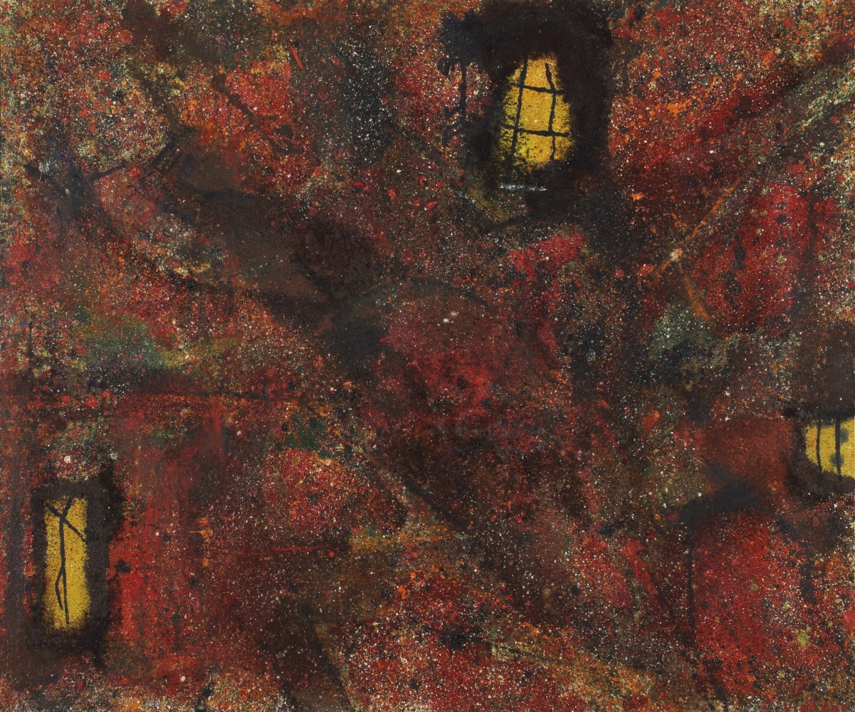 Abstract, expressionist painting with three yellow windows in a dark red, textured ground