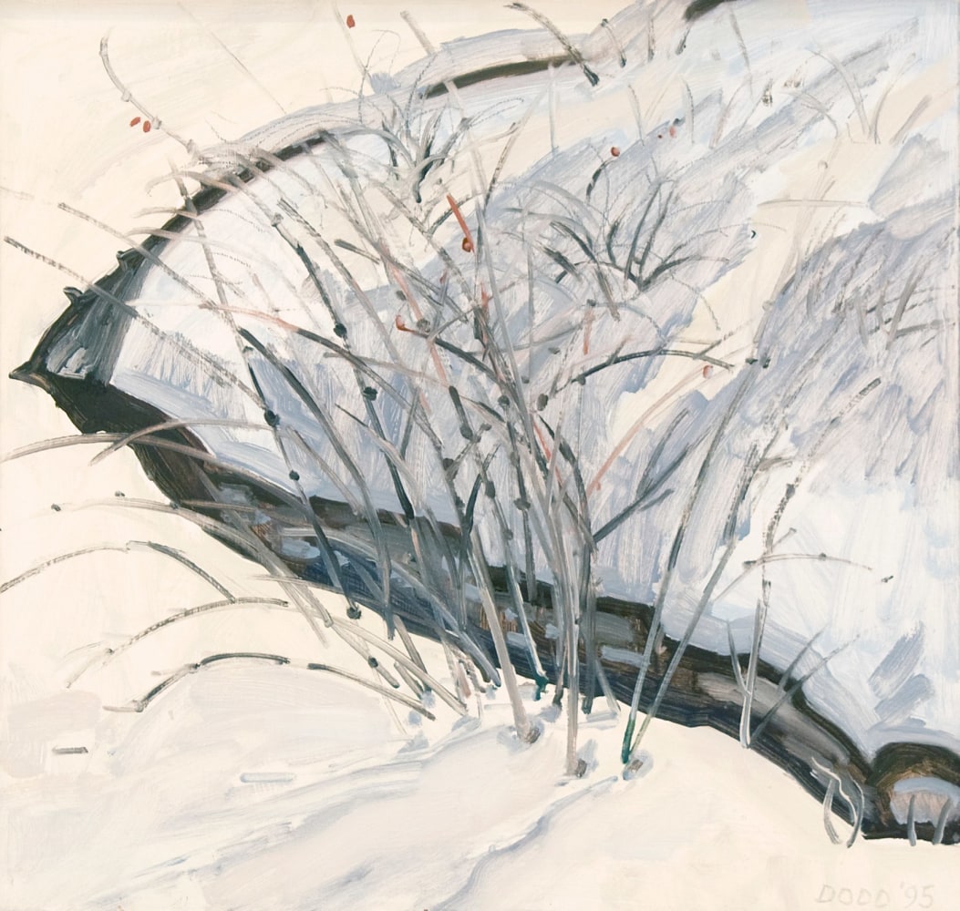 Painting of a bare bush surrounded by snow