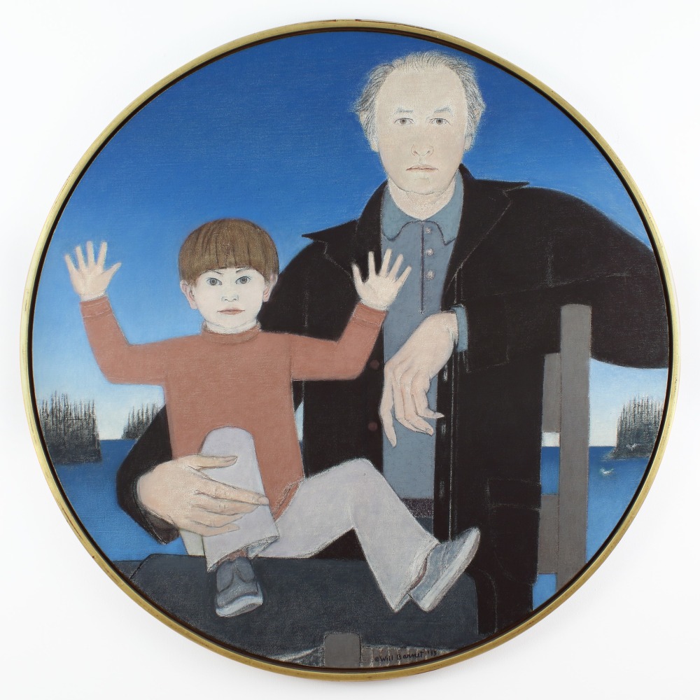 Painting of two figures, an adult holding a child, with a water scene in the background
