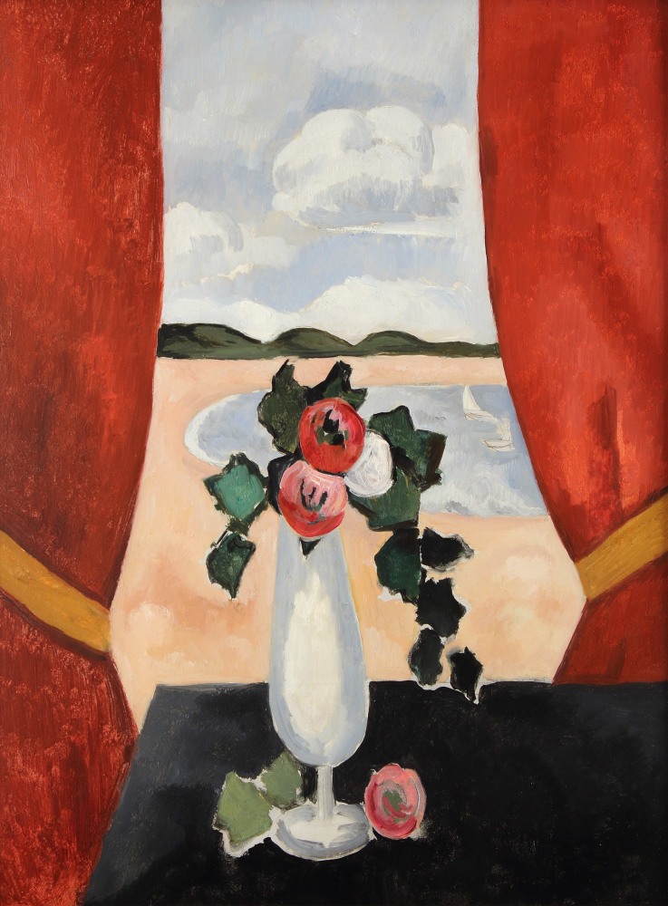 Painting of a vase of flowers on a black surface in front of a window with red curtains facing a body of water