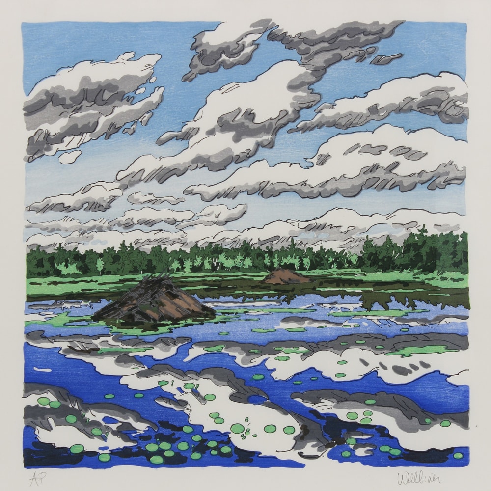 Woodcut of a body of water strewn with lily-pads, two beaver dams receding into the distance, and a blue sky with big white clouds overhead and reflected in the water