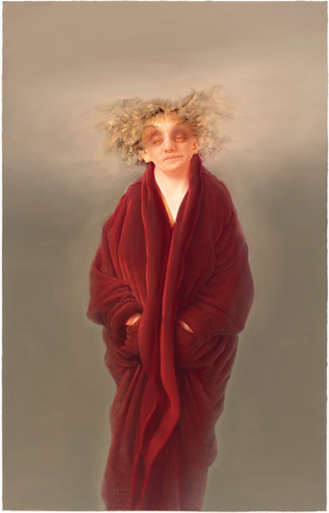 Painting of a figure with blonde hair standing in a red robe against an atmospheric grey background