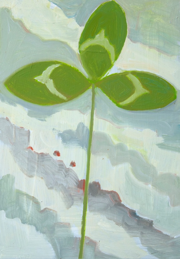 Painting of a clover leaf with an abstracted sky in the background