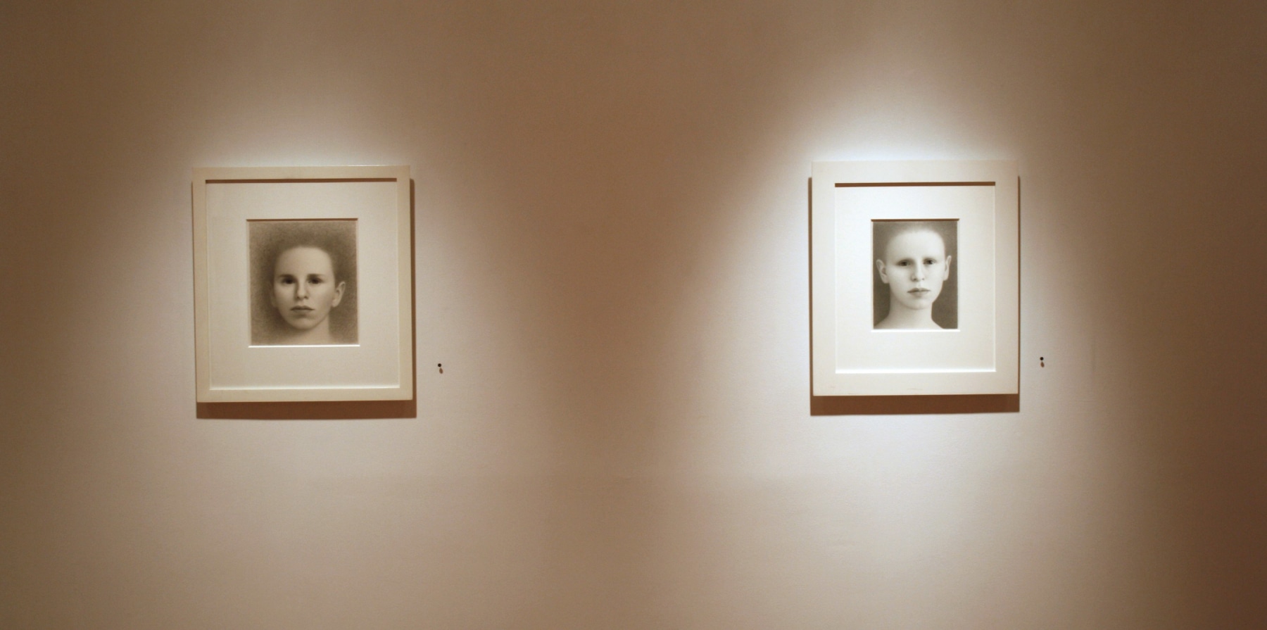 Photograph showing a view of an exhibition, with two small framed paintings hanging on a white wall