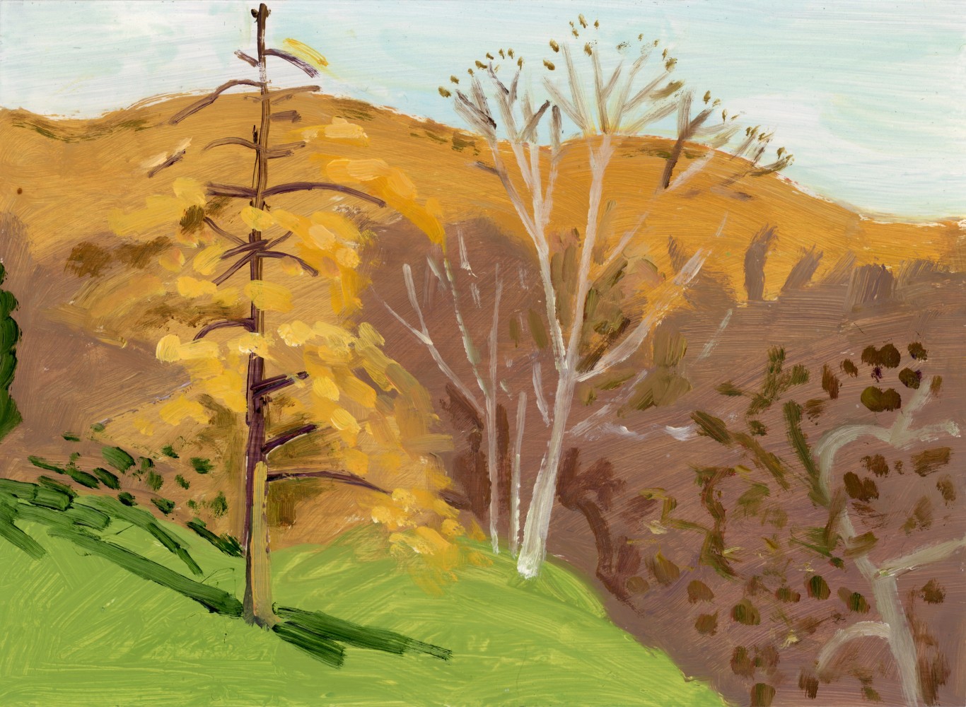 Hackmatack + Birch in October, 2021, oil on aluminum flashing, 5 x 7 inches