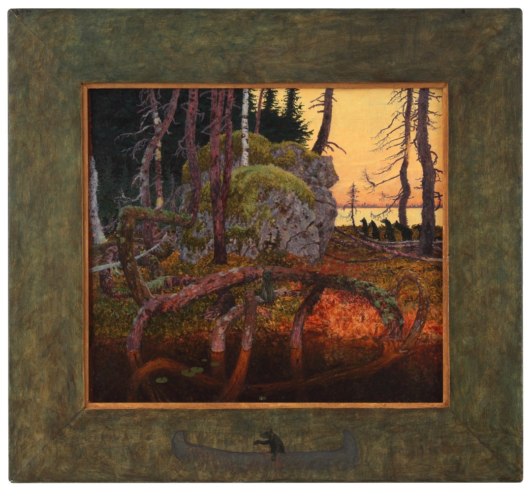 Landscape painting of a forest scene with a herd of bears walking to the left in the background