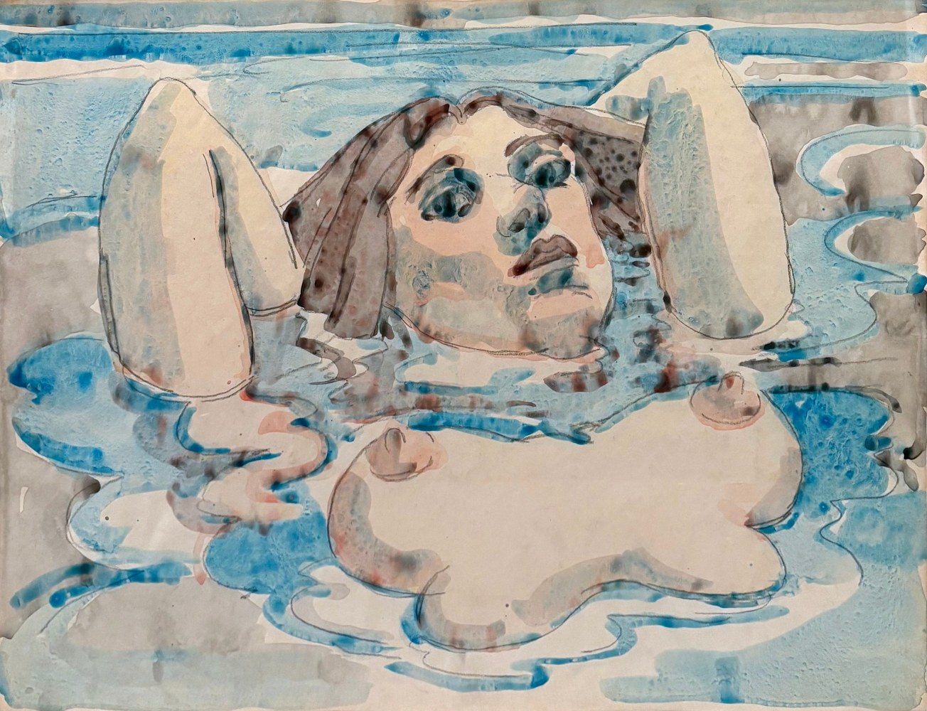 Untitled (Nude in Water), 1960s, graphite and watercolor on paper, 17 x 22 inches