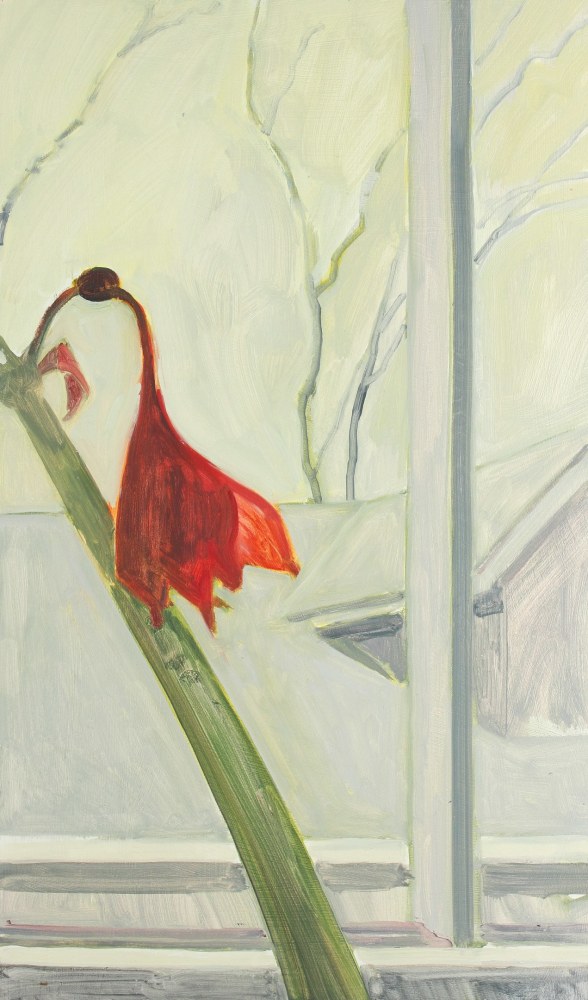 Painting of a wilting red flower with a window in the foreground and outdoor scene in the background