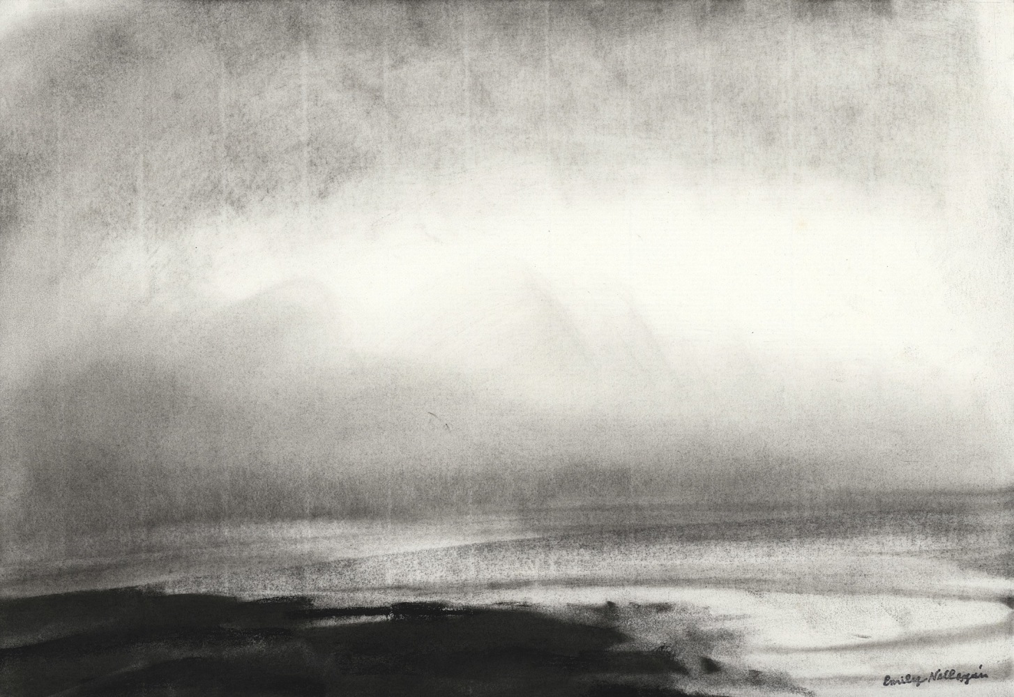 Charcoal landscape drawing of the sea and a light, cloudy sky with sun reflecting off the water