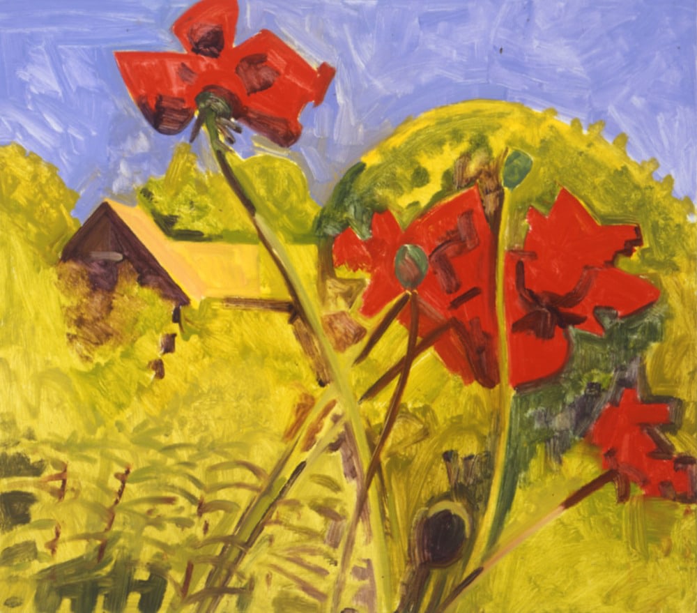 Red Poppies and House, 2004, oil on Masonite, 14 x 16 inches&amp;nbsp;