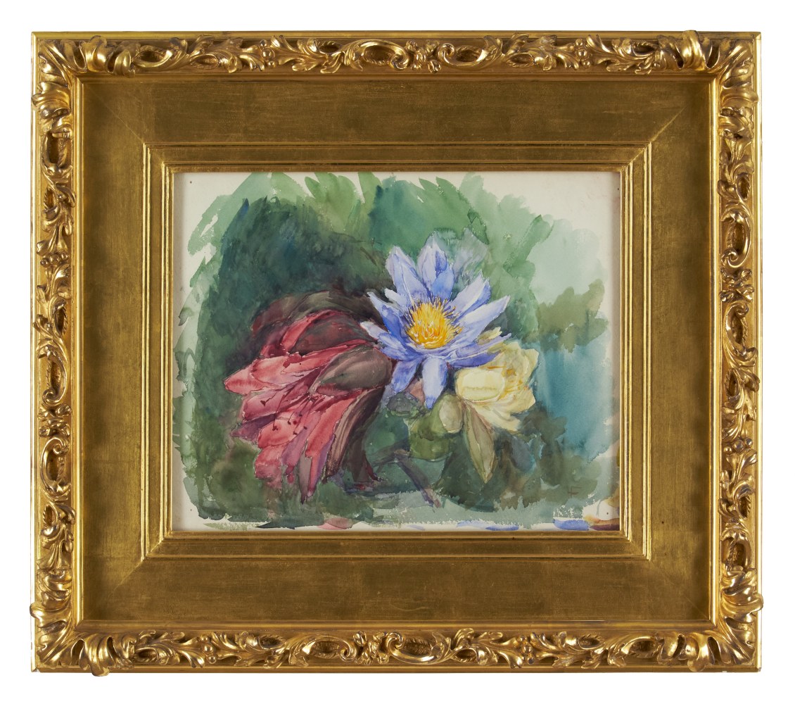 John La Farge, Still Life with Waterlilies and Hibiscus, 1865, watercolor on paper, 12 x 15 1/4 inches