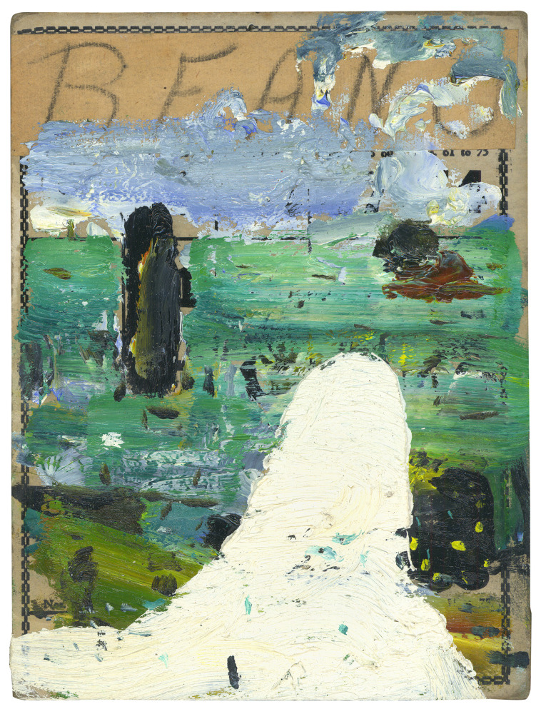 Abstract painting consisting of swaths of blue, green, white and black paint over the surface of a bingo card