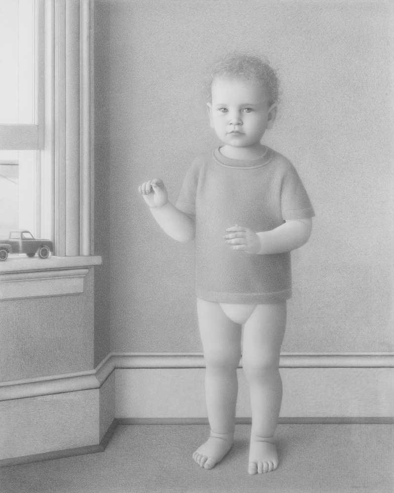 Graphite drawing of a toddler-aged child in diapers standing in a room, with a toy truck sitting on the windowsill beside him
