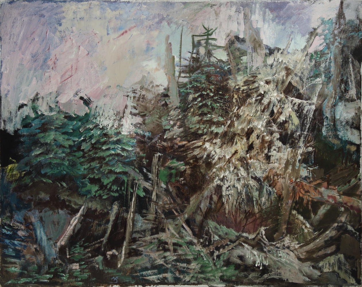 Expressionist landscape painting of a forest scene