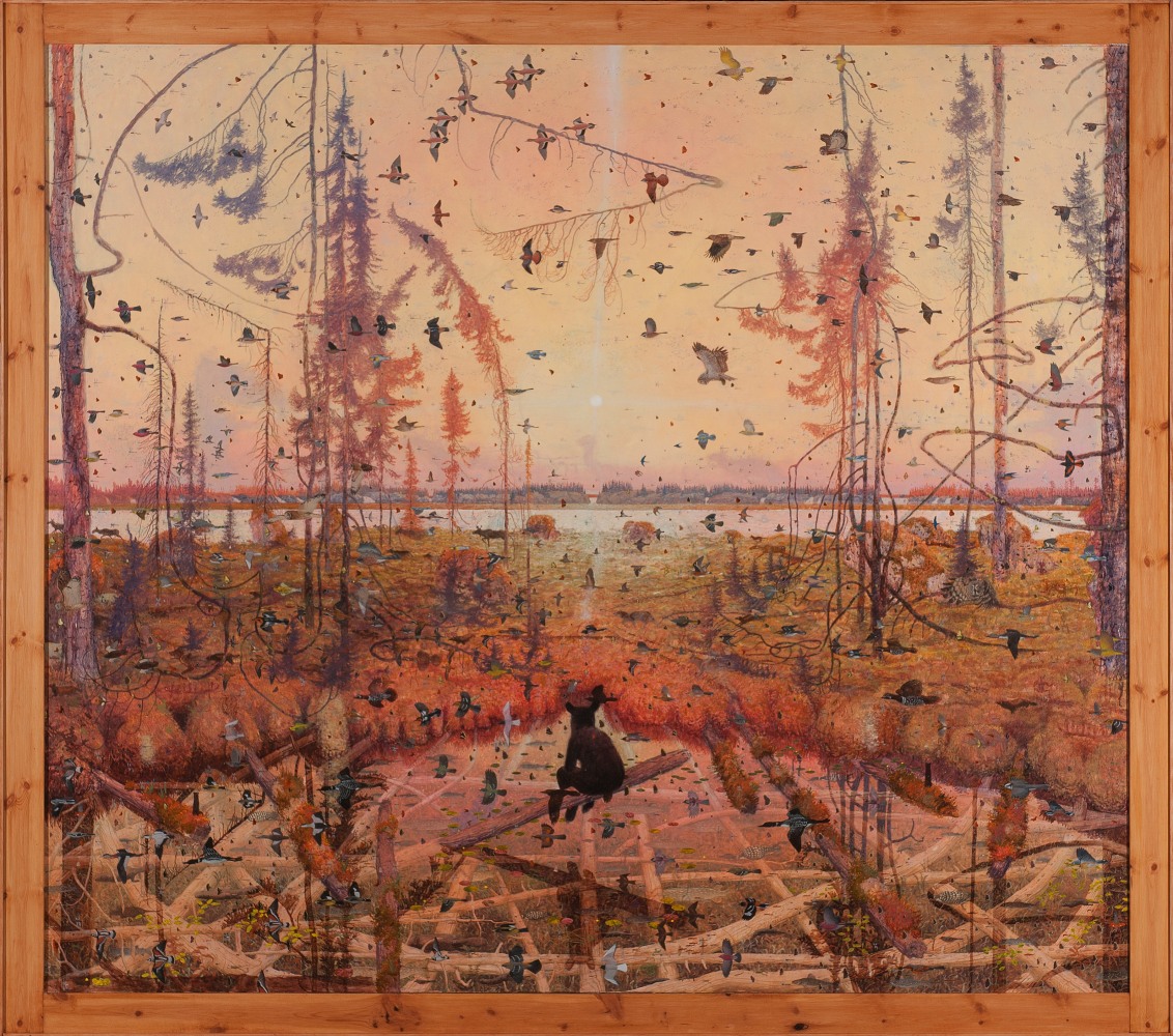 Painting of a surreal landscape populated by numerous birds flying to the left side of the canvas, with a bear perched on a log in the center gazing at a sunrise over a body of water in the background