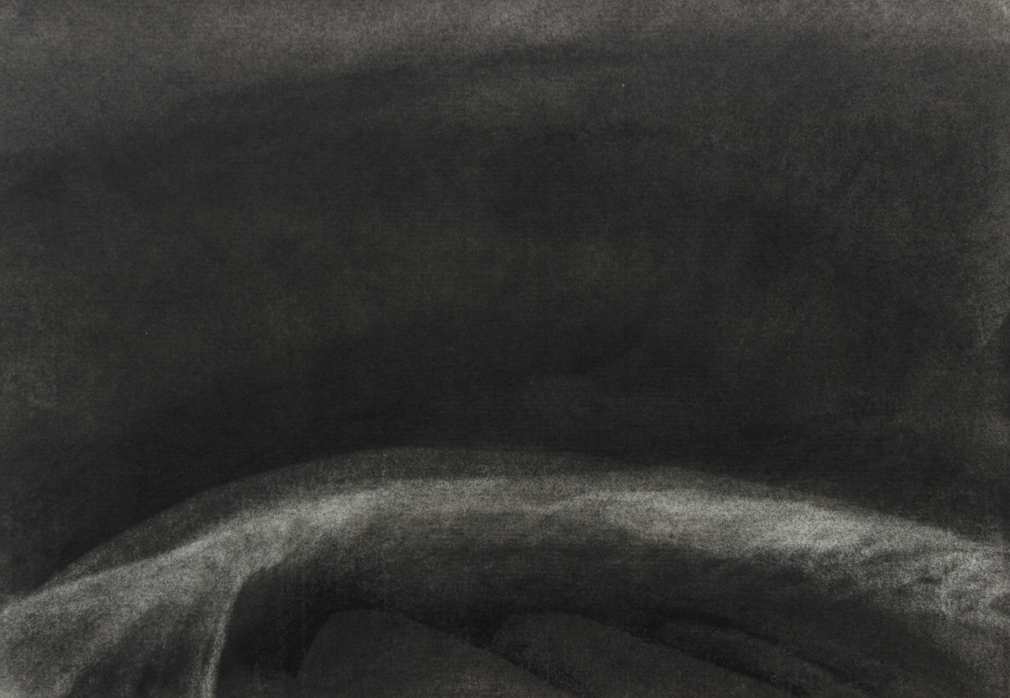 Atmospheric charcoal landscape drawing of a dark sky with the sea below