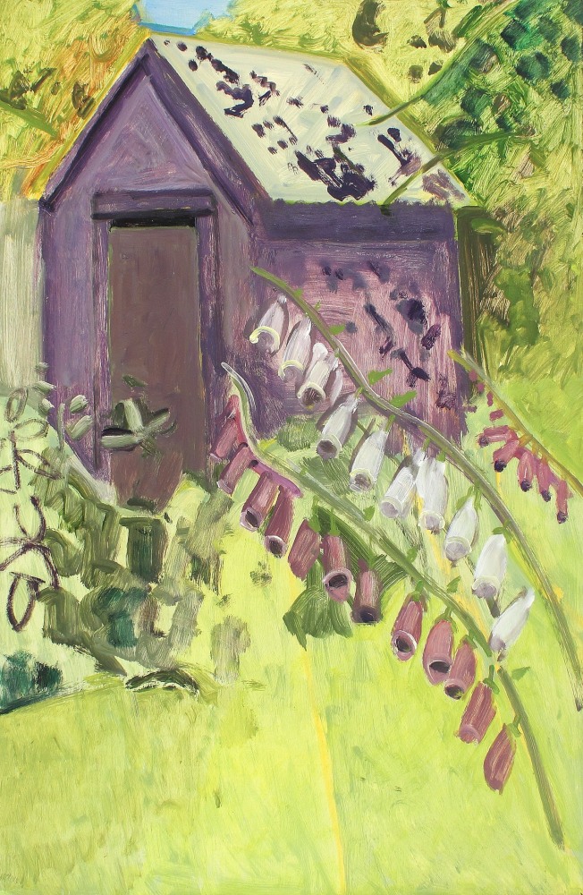 Painting of a building in a green landscape with flowering plants in the foreground