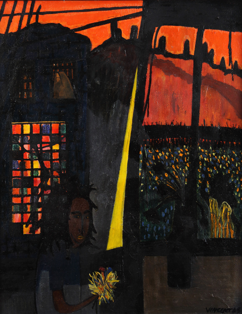 Abstracted, expressionist painting showing a figure in the foreground holding a yellow flower, with darkly lit city streets behind him and a deep red sky
