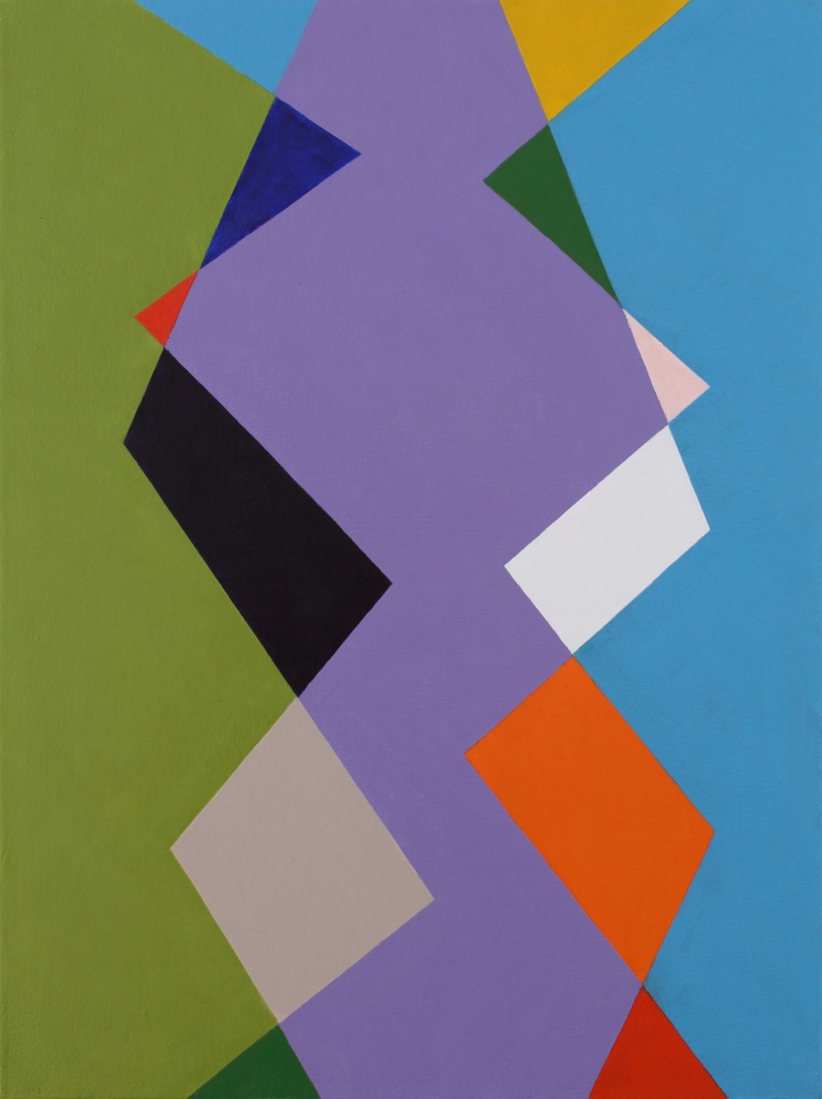 Geometric abstract painting with interlocking shapes in green, blue, purple, black, red, orange, grey, and yellow