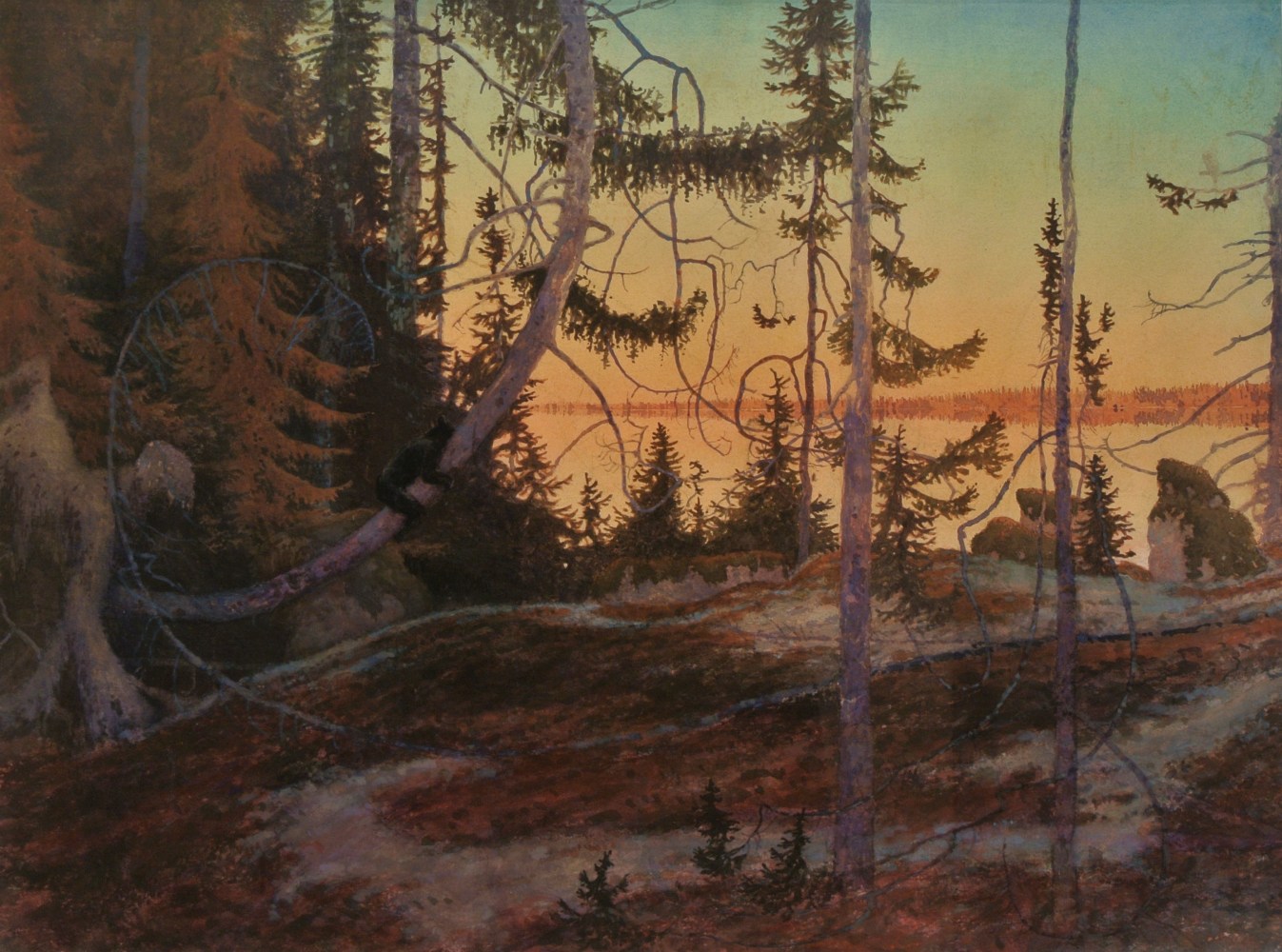Landscape painting of a forest overlooking a body of water