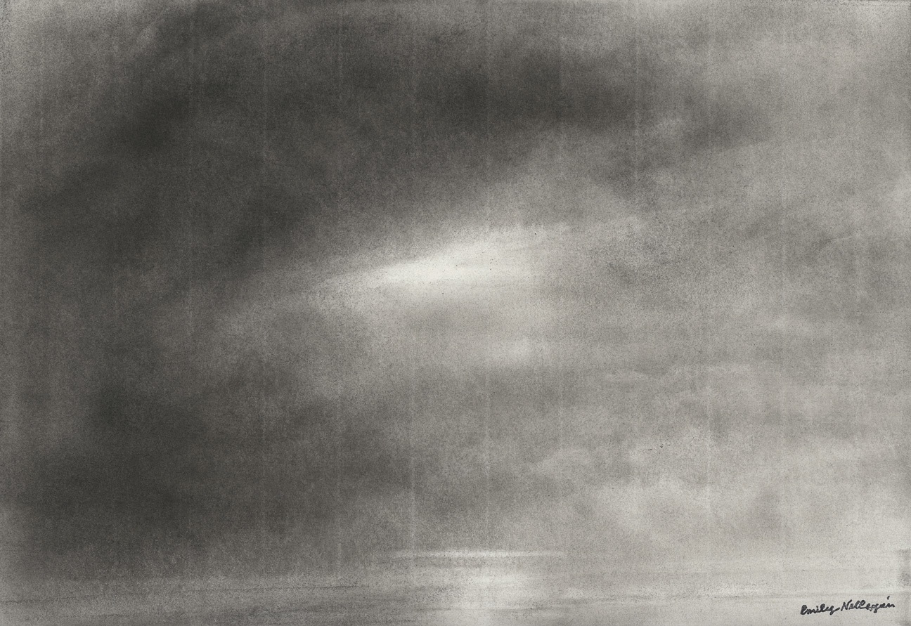 Charcoal landscape drawing of a hazy, cloud-filled sky with dim sunlight or moonlight peeking through and reflecting off the water