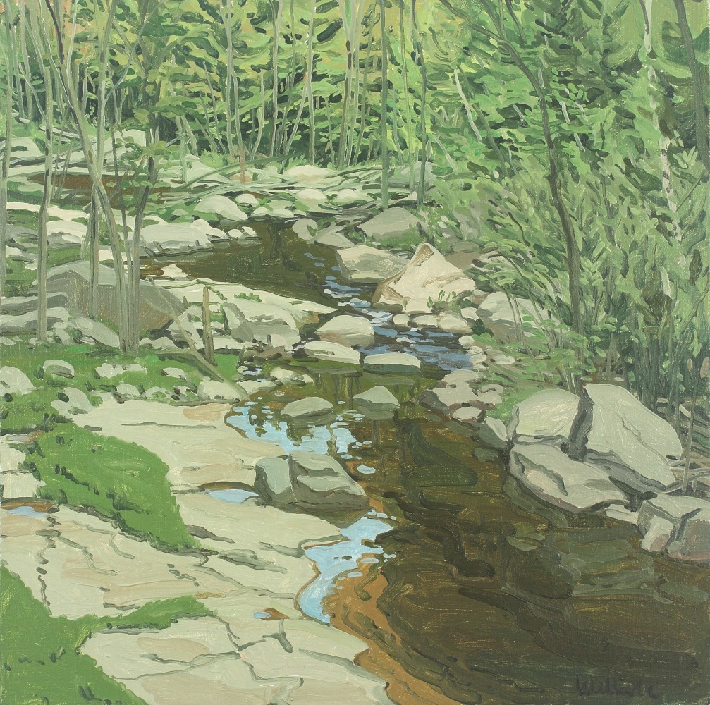 Landscape painting of a river surrounded by rocks and green trees