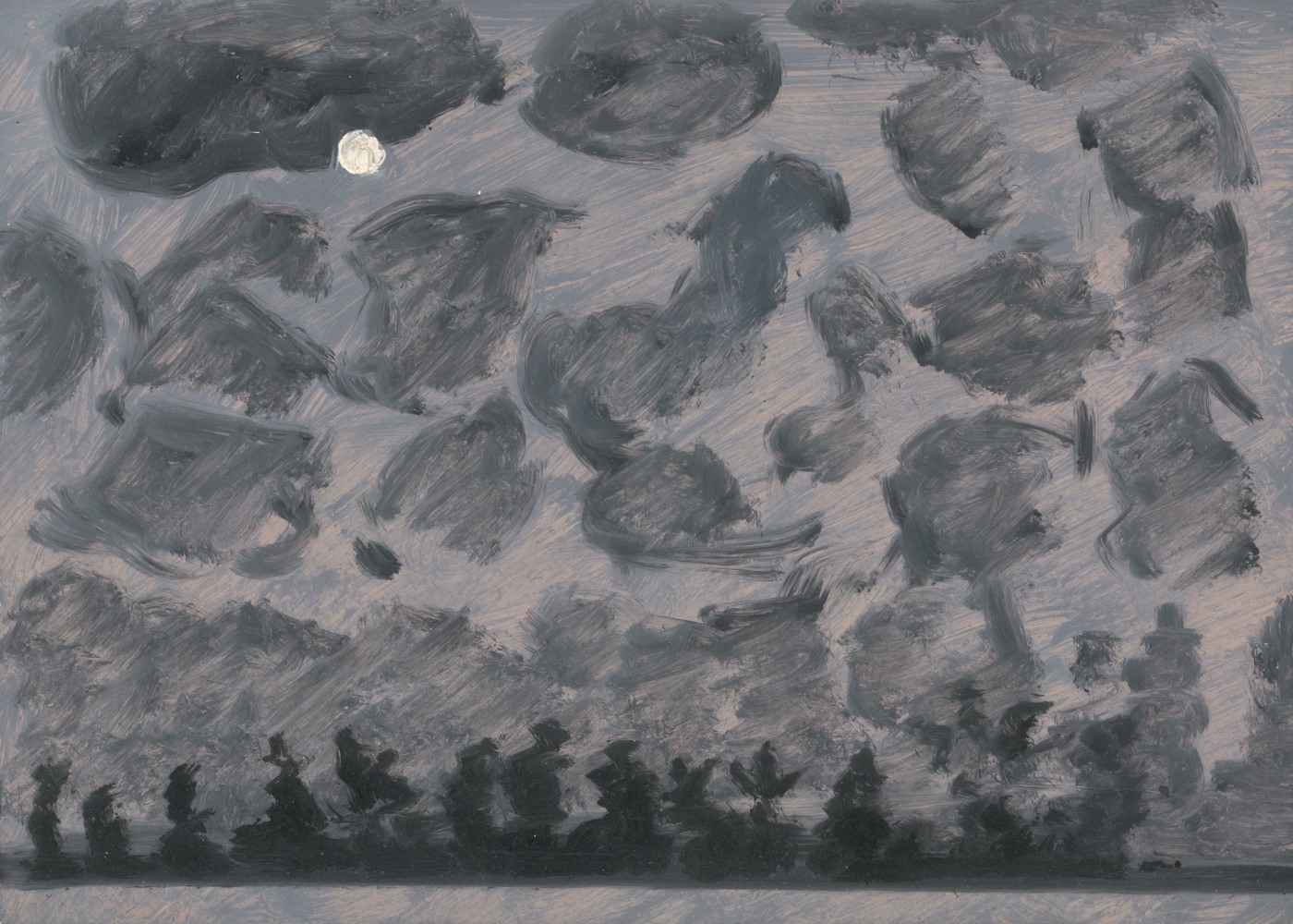Painting of a full moon in a cloudy sky over a dark line of trees