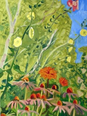 Hollyhocks, Dahlias &amp;amp; Echinacea, 2006, oil on Masonite, 19 x 14 1/2 inches